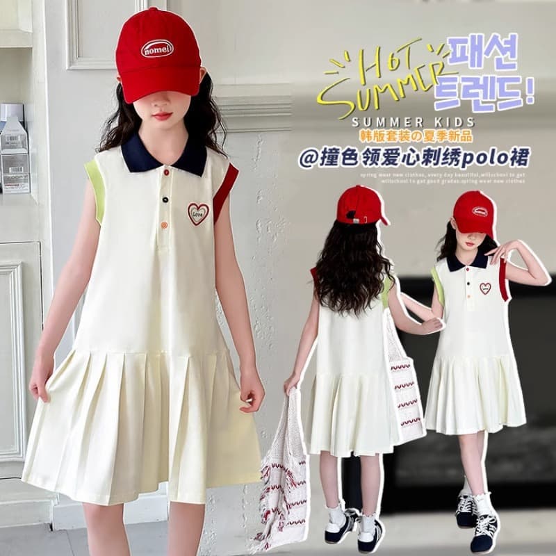 Girls' Polo Collar Pleated Dress, New Summer Style for Older Kids, Color-Blocked Simple Versatile Princess Dress