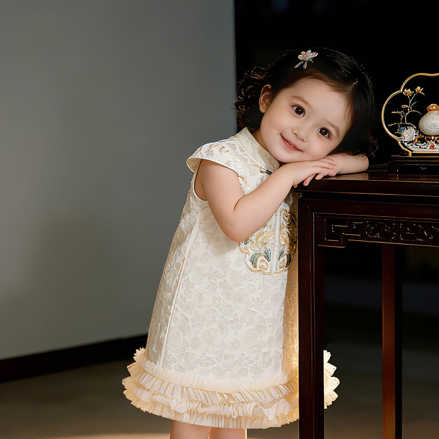 New Chinese-style light national style embroidered stand-collar sleeveless dress summer girls elegant ruffled spliced qipao dress