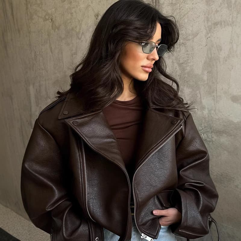 New 2025 Faux Leather Short Biker Jacket with Lapel Collar, High-End Stylish Women's Fall Winter American Style