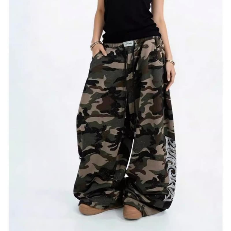 Retro Camo Rhinestone Casual Pants for Women, Sexy Jazz Dance Pants, Hip-Hop Draped Slimming Wide-Leg Curved Knife Pants Trendy