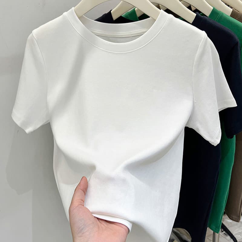 high quality Pure Cotton Shoulder Short-sleeved T-shirt Women's Summer New Niche All-match Slim-fit Slimming T-shirt Solid Color Top