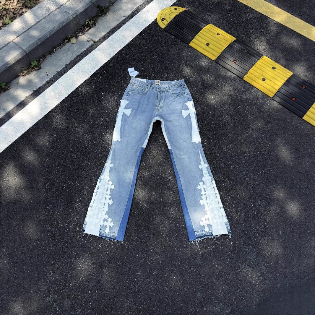 Cross-border E-commerce GA High Version Crocodile Skin Patch Bell-Bottom Pants Washed Patchwork Jeans