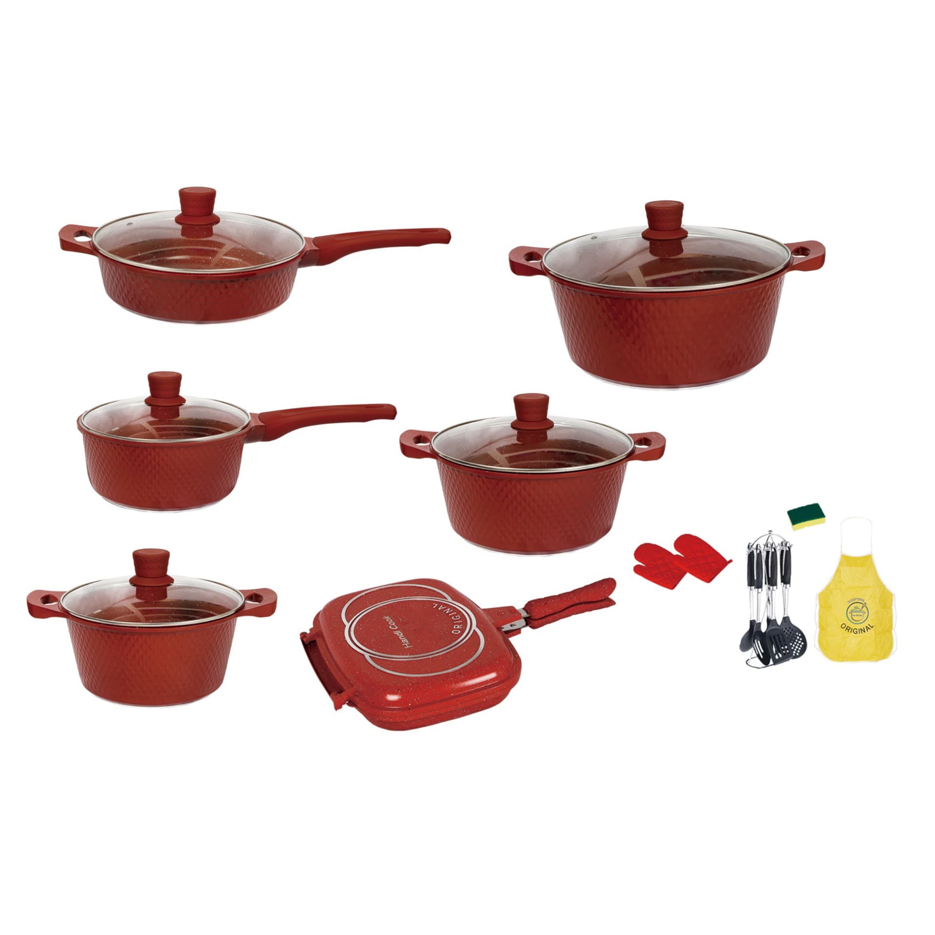 23-Piece Die-Cast Aluminum Non-Stick Cookware Set with Stockpot, Frying Pan, Baking Tray, Kitchen Utensils, Spatula, and Apron Accessories