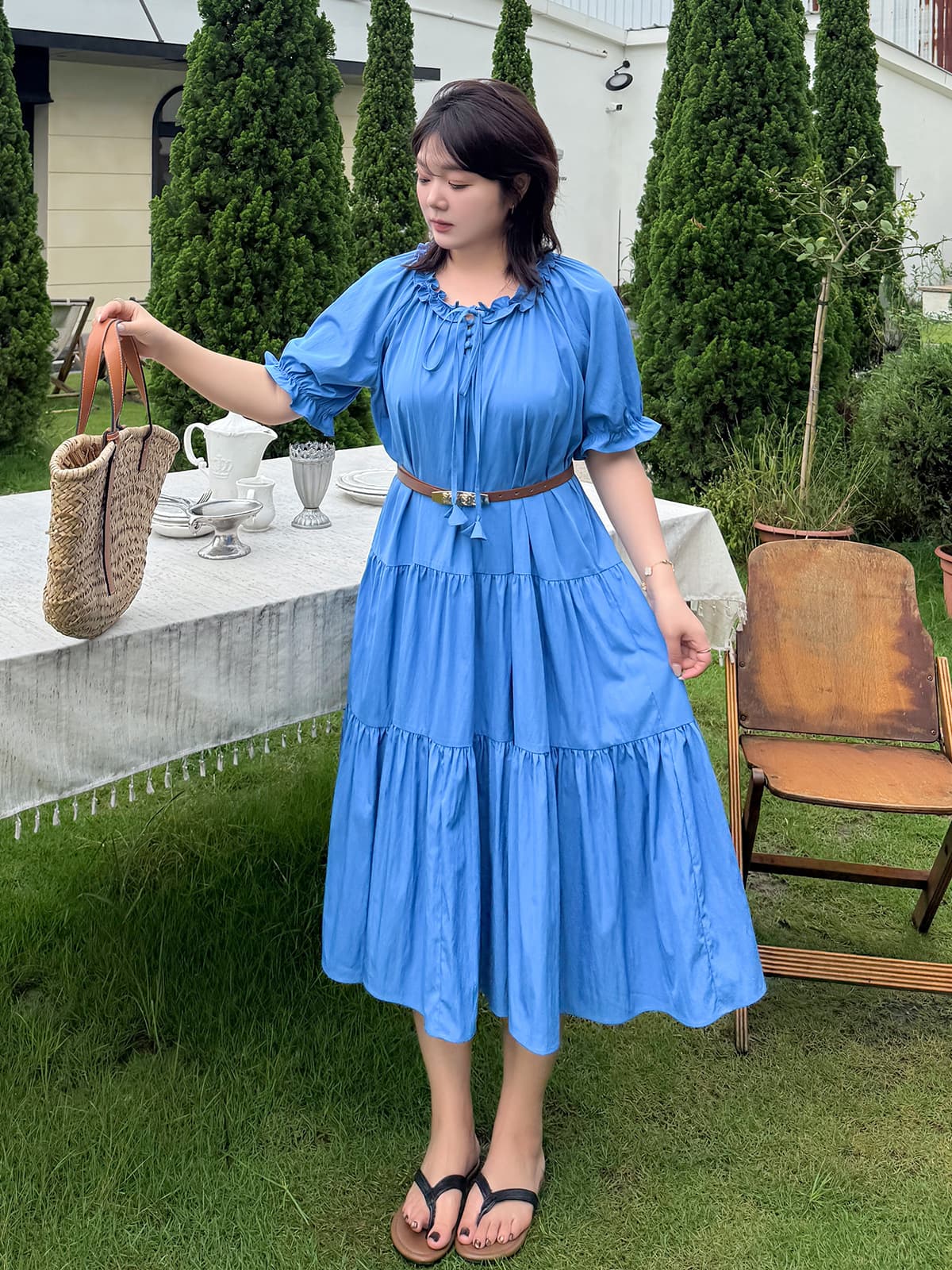 K3310 Plus Size Women's Long Loose Ruffle Dress Summer Puff Sleeve Dress for Curvy Women