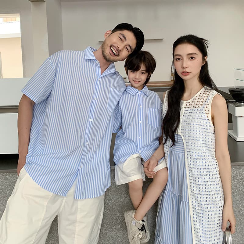 2026 New Korean Blue and White Striped Family Matching Outfit Summer Short Sleeve Shirt Dress for Mother and Daughter