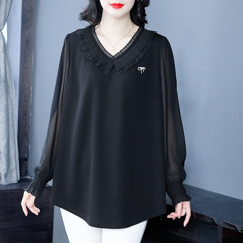 New autumn style plus size V-neck top for women, loose fit, slimming, long-sleeved shirt/T-shirt for middle-aged and elderly women.