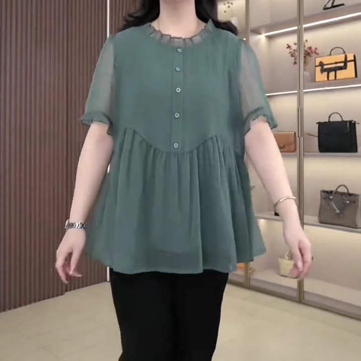 2025 Summer New Fashionable Casual Princess A-line Chiffon Blouse Top Plus Size Loose Fit Slimming Mom Women's