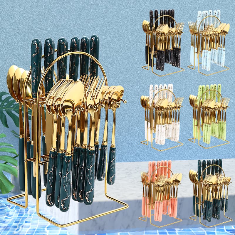 Amazon Cross-border Stainless Steel Ceramic Handle Tableware 24-piece Gift Set Western Tableware Steak Knife, Fork and Spoon Gift