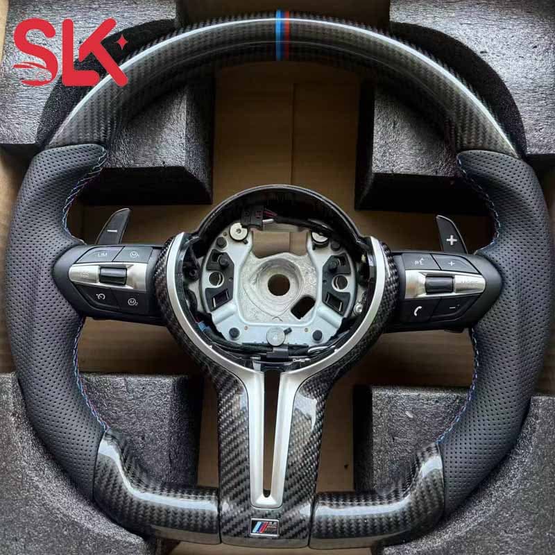 Carbon fiber steering wheel for BMW F chassis models upgrading to M style, compatible with 1, 2, 3, 4, 5, 6, 7, 8 Series, X1, X2, X3, X4, X5, etc.