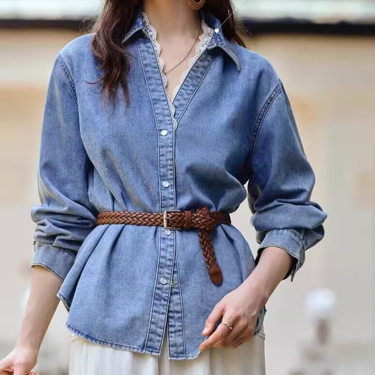 French Vintage Versatile Denim Shirt with Lapel Fashion V-Neck Lace Trim Denim Jacket for Women