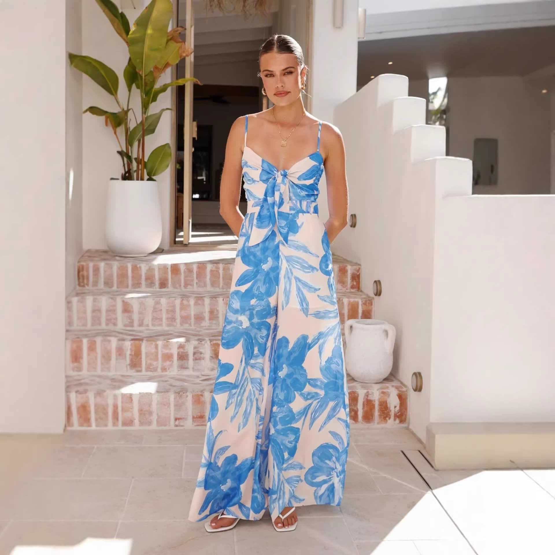 2026 European and American Cross-Border Summer New Jumpsuit Plant Print Knot Wide-Leg High-Waist Straight Jumpsuit for Women