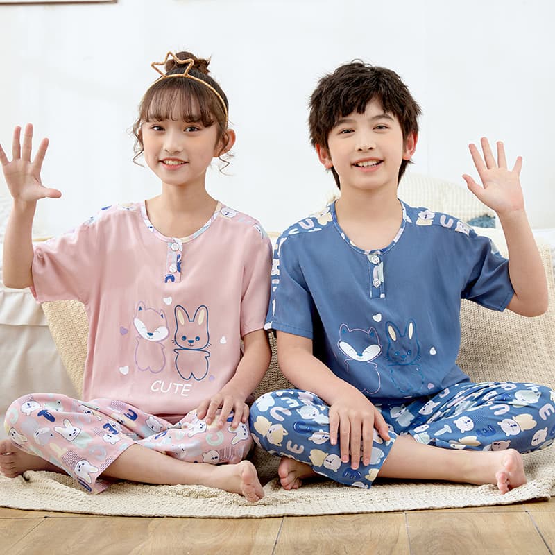 Summer children's cotton silk pajamas boys short-sleeved trousers thin air-conditioned baby suit boys and girls cotton silk home clothes