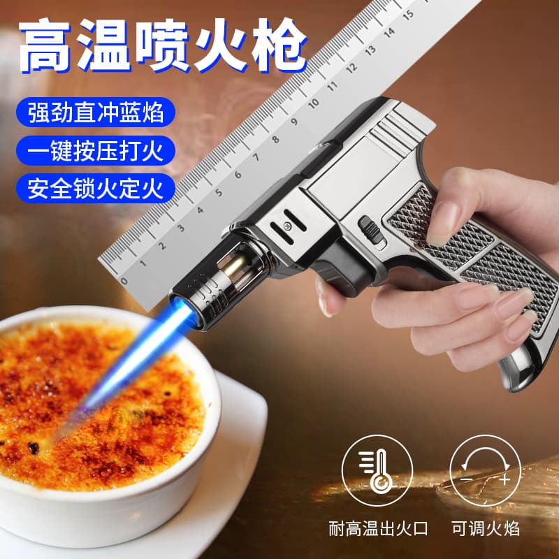 New direct-injection flame gun, one-button ignition, safe locking and setting, high temperature resistance, blue flame inflatable lighter