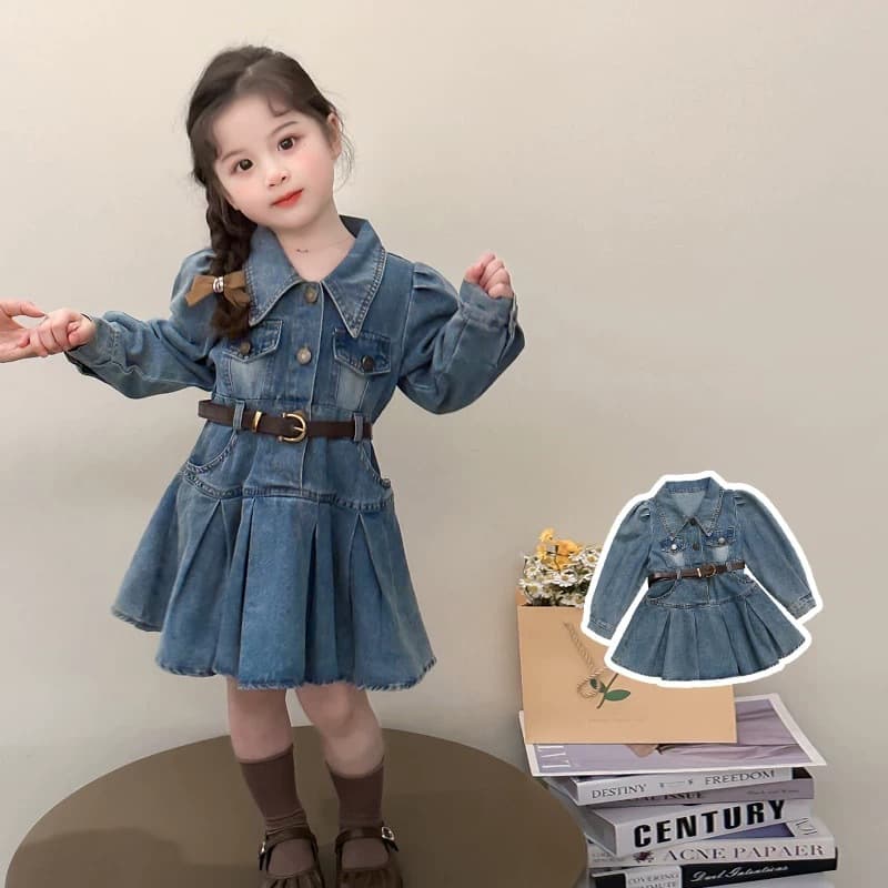 Girl's Korean Style Polo Collar Cotton Denim Dress 2025 Spring Autumn New Children Stylish Retro Fashion Dress