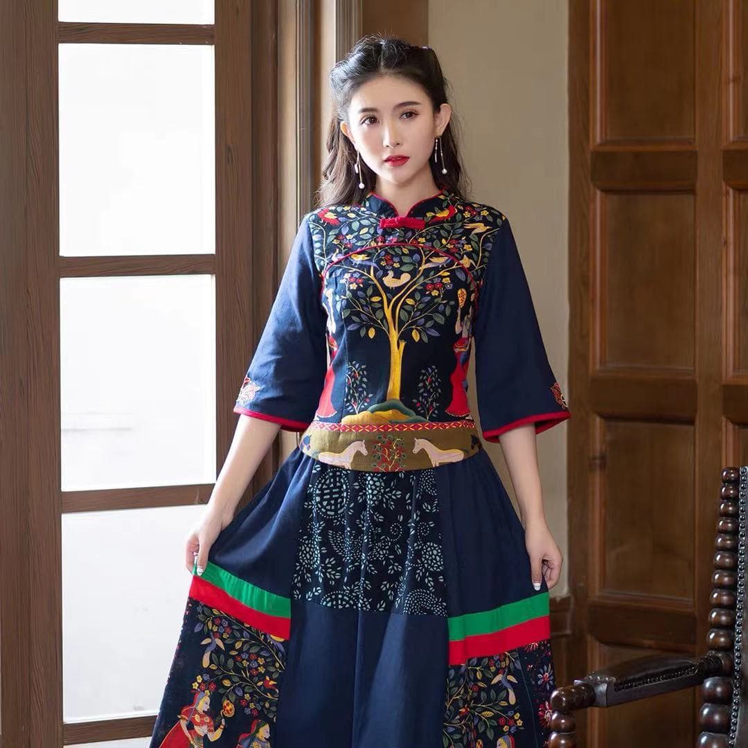 Ethnic style suit 2023 new cotton and linen ethnic style horse flower women's suit travel ethnic clothing wholesale