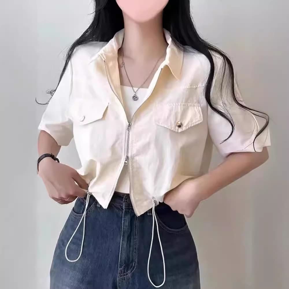 Women's short-sleeved shirt jacket, thin design with zipper, Korean retro style, lapel, single-breasted, slimming and waist-cinching top, summer.