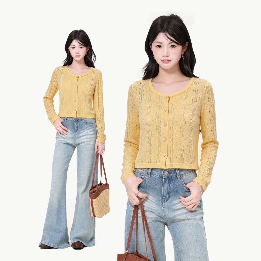 Yellow Thin Slightly Sheer Sun Protection Cardigan Long-Sleeve Knit Top for Women 2026 Summer Loose Fitting Slimming Short Versatile Blouse