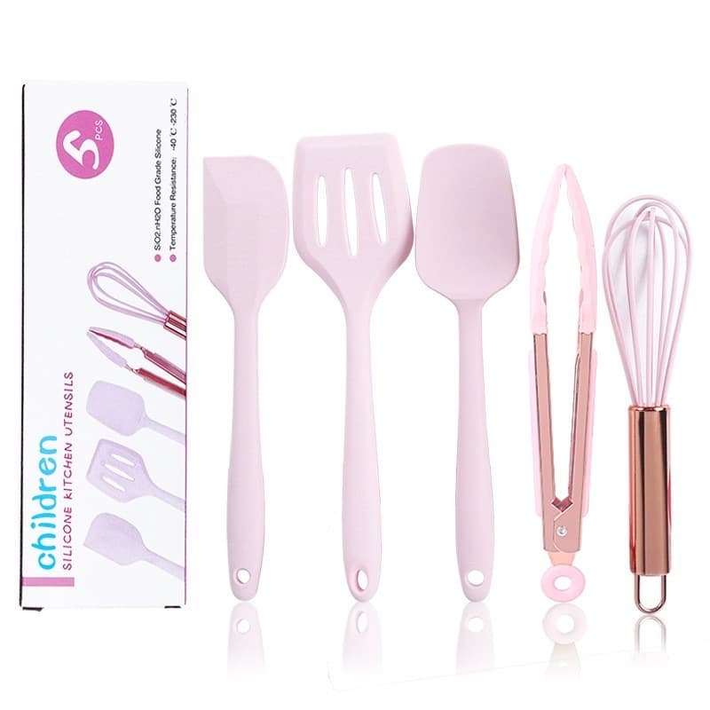 Kids Silicone Kitchen Utensil Set Silicone Spatula 5-Piece Baking Tools Rose Gold Handle Spatula Whisk
