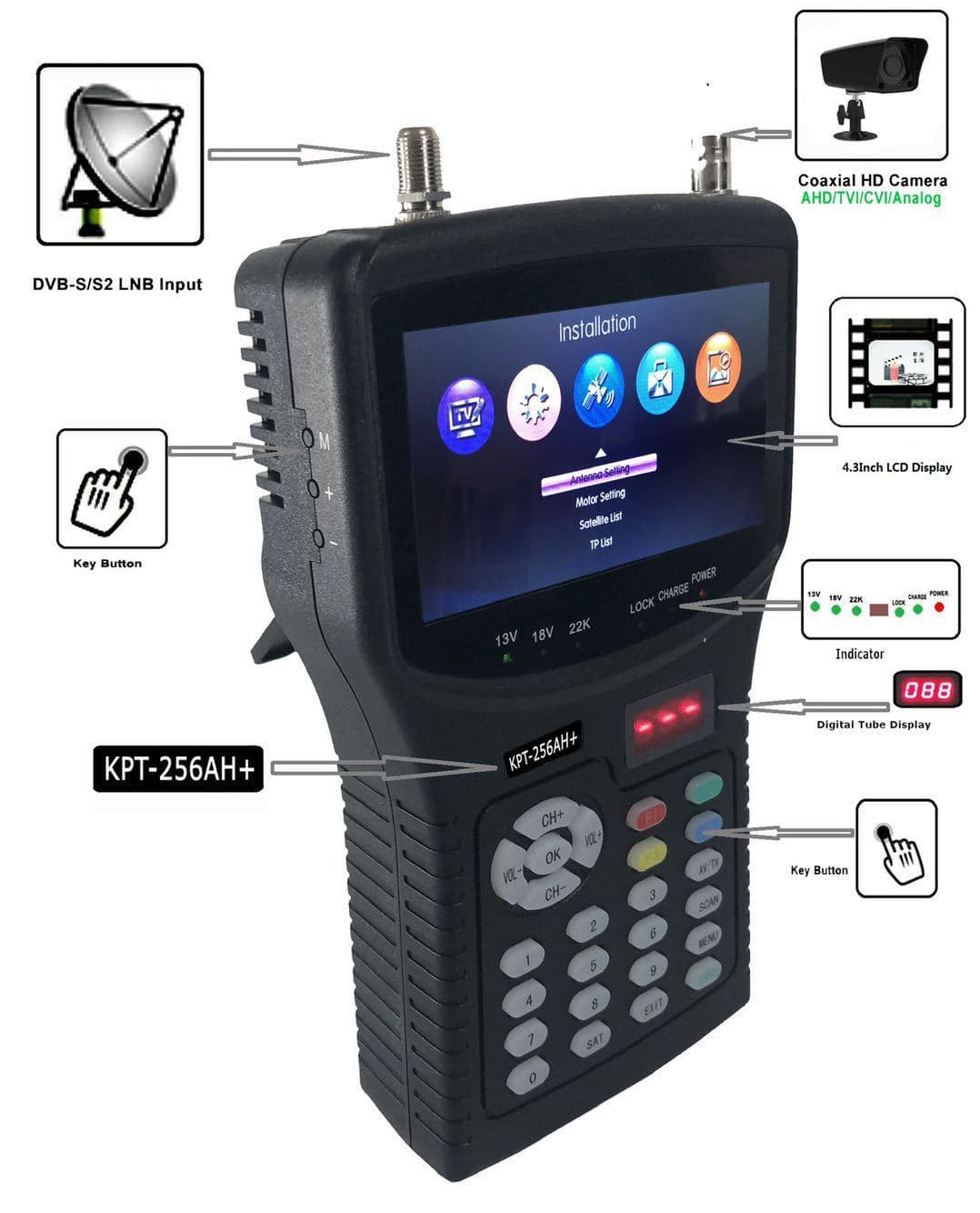 KPT-256AH+HD MPEG4 DVB-S2 Satellite Finder Meter High Definition Satellite Signal Finder