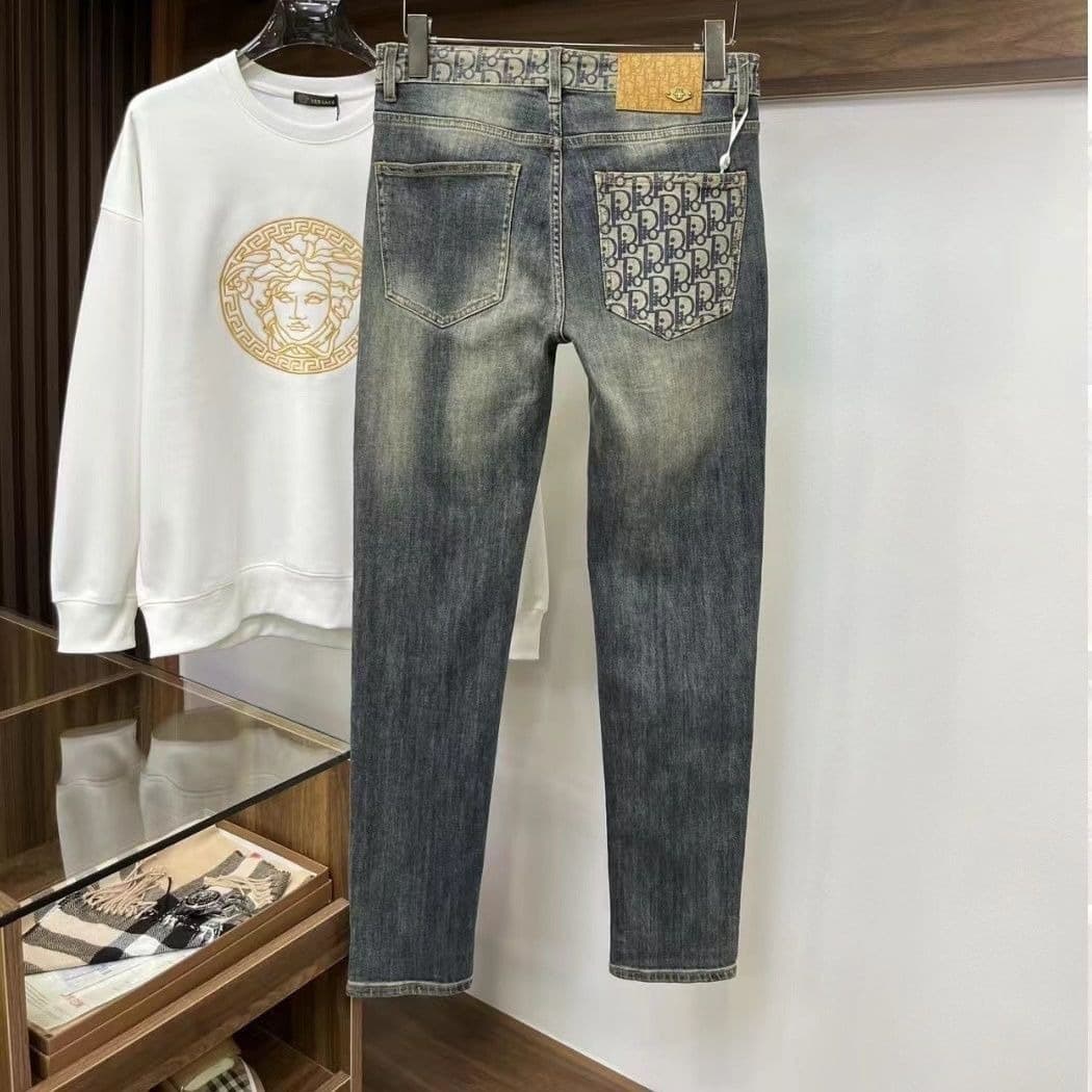 Spring New Style Men's Jeans with Jacquard Letter Print on the Back Pocket, Trendy Brand, Washed, Versatile, Straight-Leg, Casual, Slim-Fit Long Pants