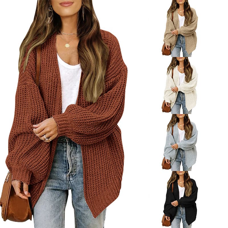 Amazon Export Cable Knit Cardigan with Lantern Sleeves, Chunky Knit Women's Loose-Fit Coat, 2025 Fall New Arrival