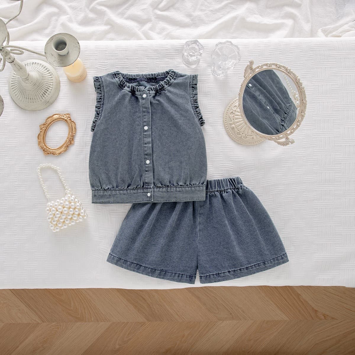 Baby Girl Summer Outfit Simple Summer Girls Sleeveless Skin-Friendly Washed Solid Color Denim Top and Shorts 2-Piece Set