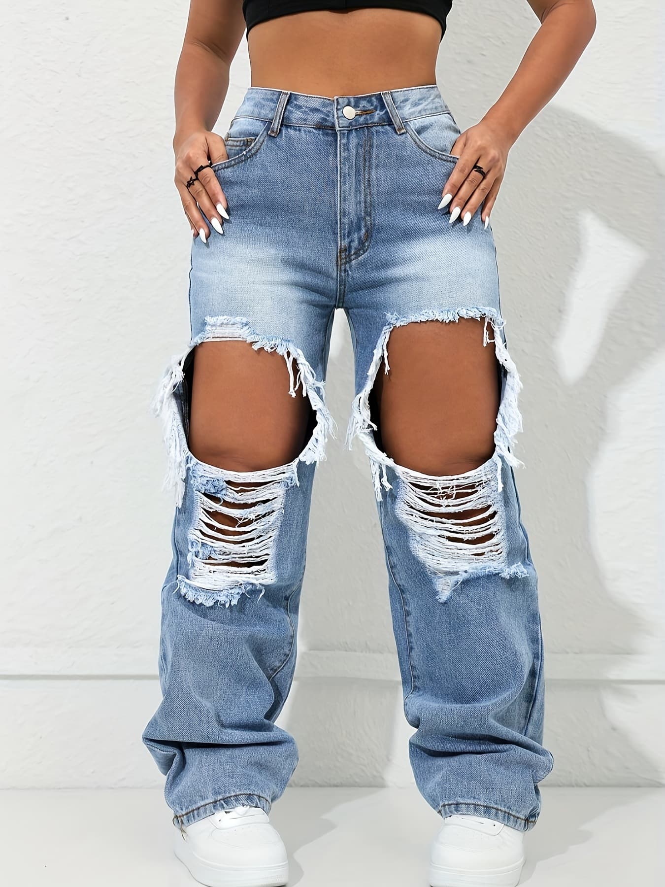 W 84453 Fashionable Ripped Wide Leg Jeans