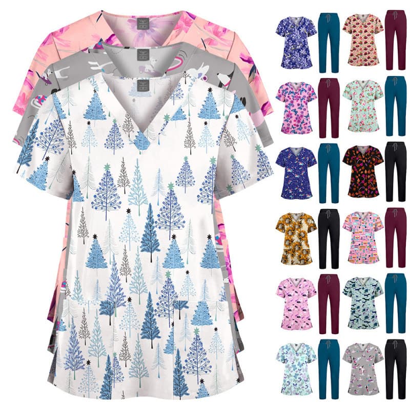 Hot New Printed Scrub Top and Solid Pants Set Nurse Uniform Doctor Hospital Clinic Workwear Two-Piece Set