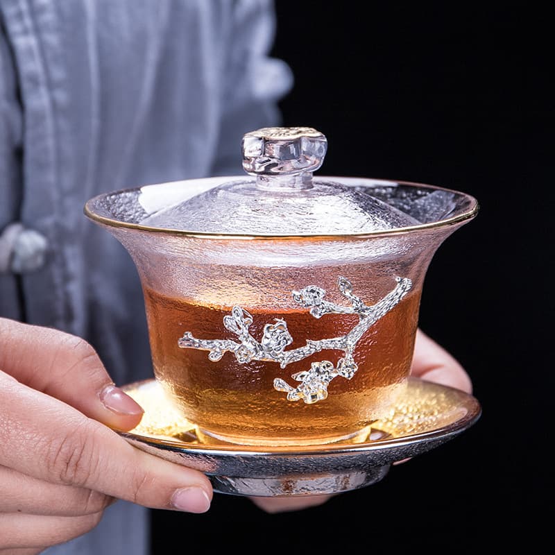 Wholesale Thick Heat-Resistant Glass Lidded Bowl with Pure Tin Gold-Traced Plum Blossom Design, Home and Office Tea Set