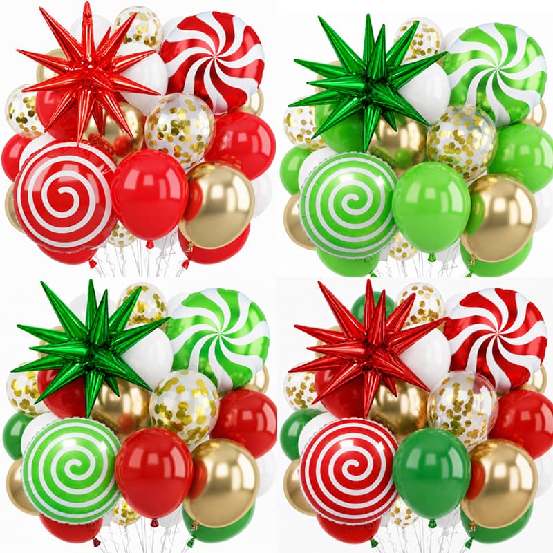 Christmas red and green exploding star aluminum film balloons swirl candy sequin balloons party scenery balloon combination