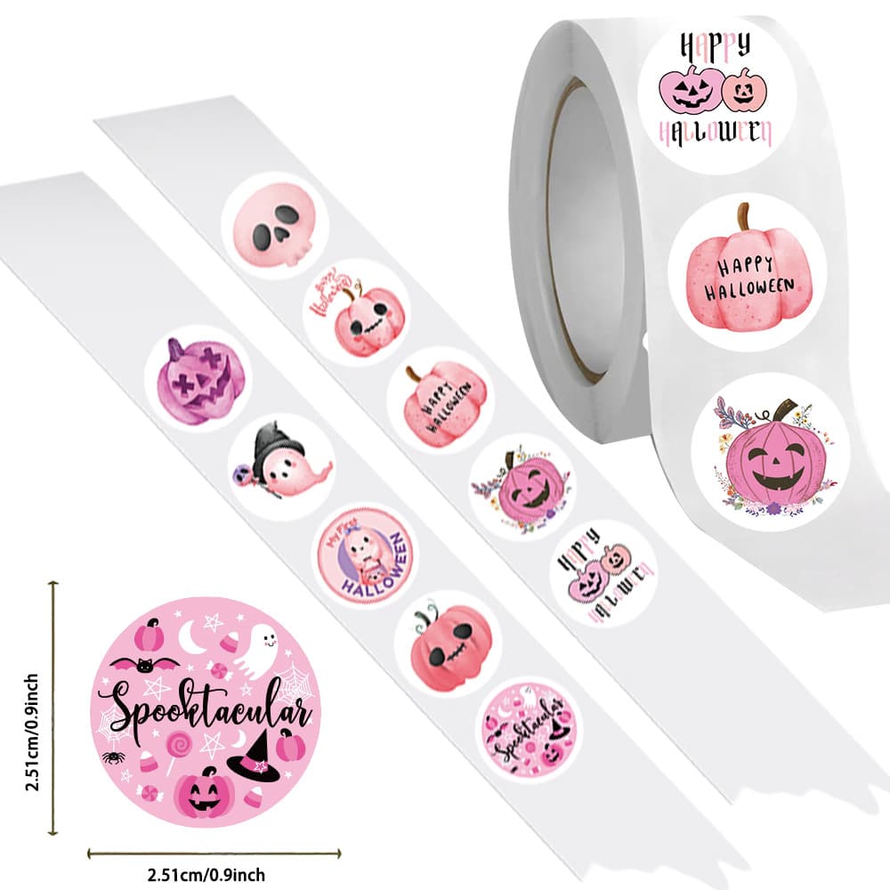 500 sheets/roll Pink Halloween Sticker Roll DIY Decorative Stickers for Scrapbooking, Water Bottles, Phones, Tablets, and Sealing
