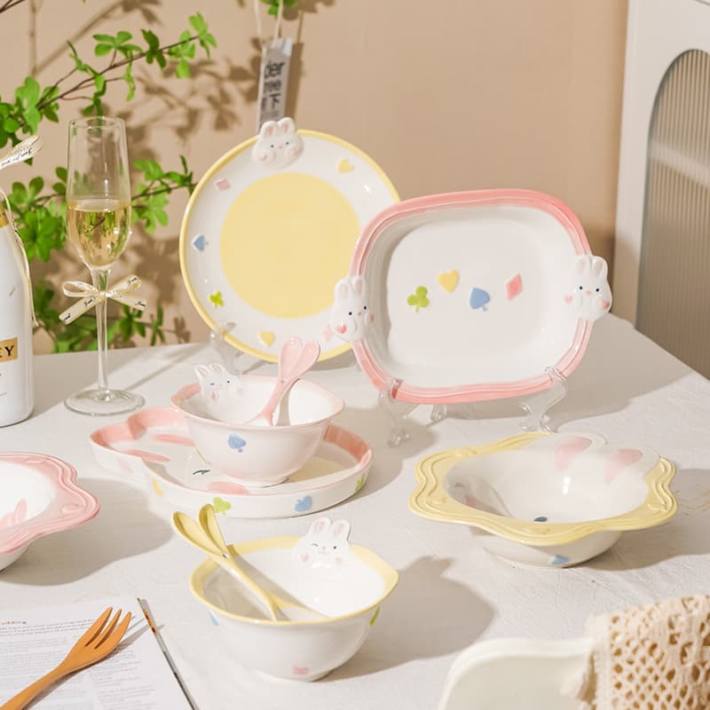 Cartoon cute girly heart tableware and dishes set household ceramic rice bowl soup bowl high-looking plate dessert plate