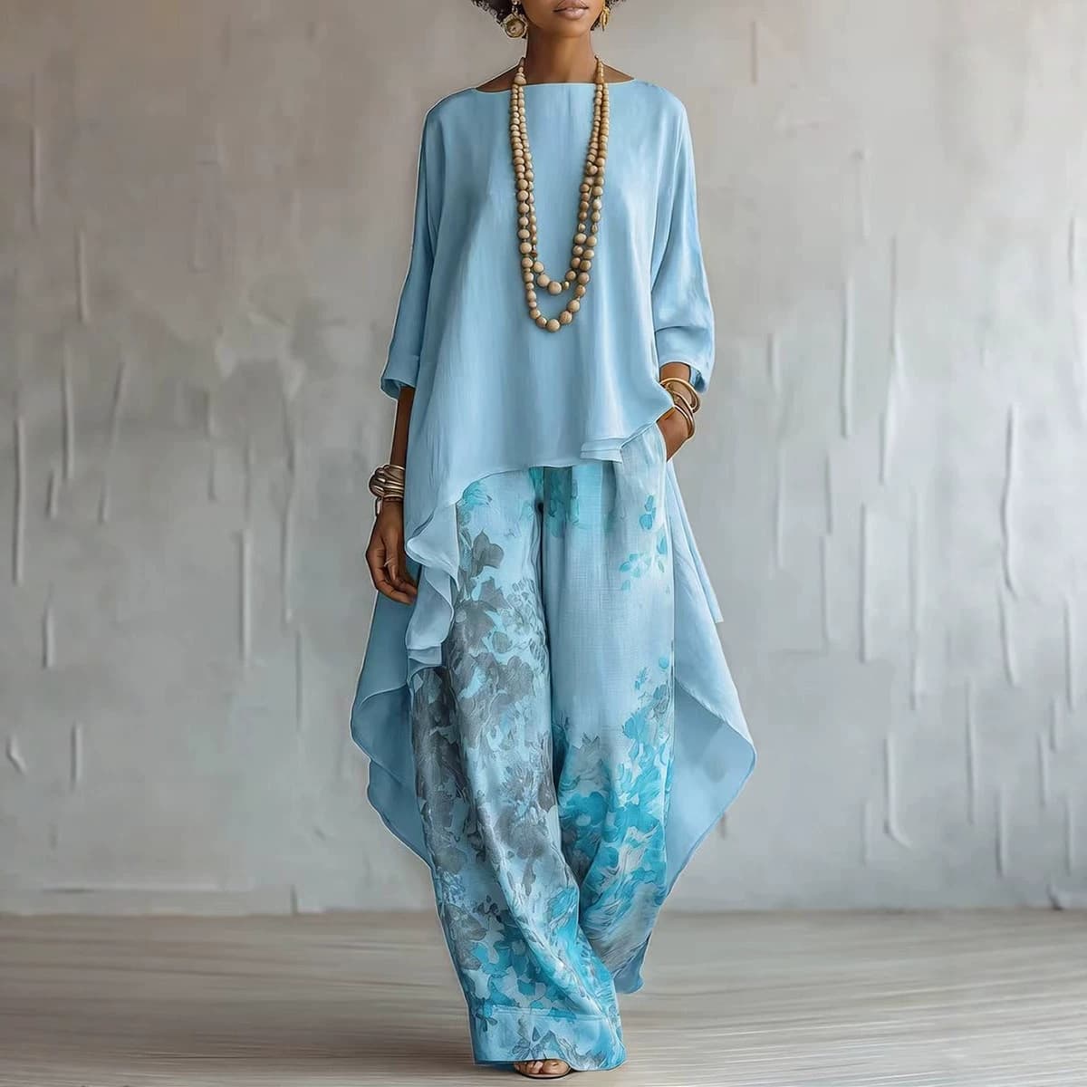 2026 European and American Amazon cross-border independent station solid color tops wide-leg pants chiffon suit women's casual two-piece set