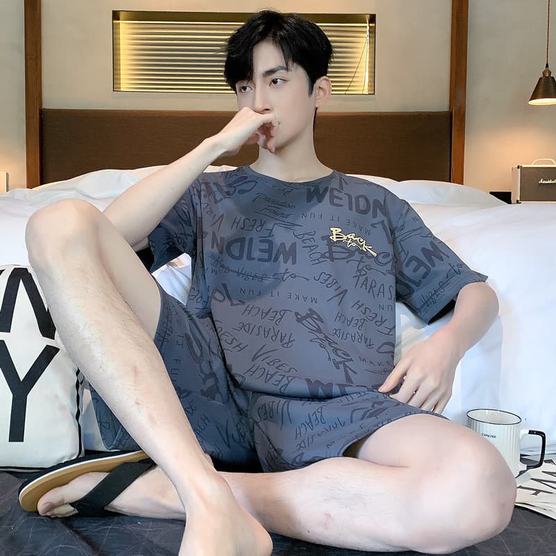2026 New Pajamas Men's Summer Imitation Cotton Thin Loose Short-Sleeved Casual Suit Teenagers Can Wear Outside Home Clothes