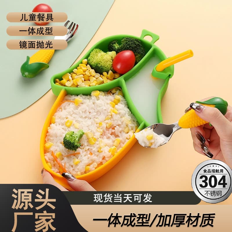 Cross-border Creative Kids Cartoon Silicone Divided Plate with Dual Suction Cups, Anti-drop Infant Feeding Spoon and Tableware Set