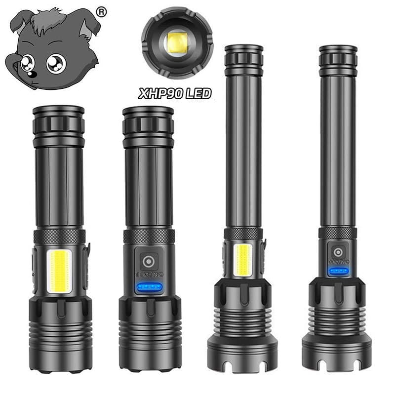 Cross-border XHP90 High-Power LED Flashlight, Ultra-Bright Aluminum Alloy Rechargeable Flashlight, Outdoor Telescopic Zoom, Waterproof LED Flashlight