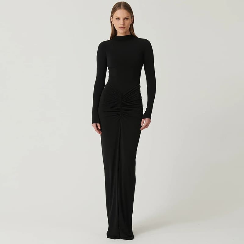 Europe and America 2026 Summer New Women's Fashion Solid Color Stand Collar Long Sleeve Pleated Slim Fit Waist Dress