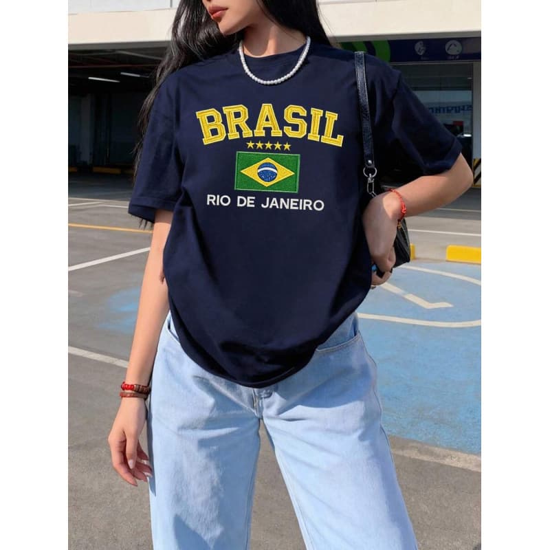 Ouma Pure Cotton Women's Summer Brasil Rio De Janeiro Flag Graphic Ov