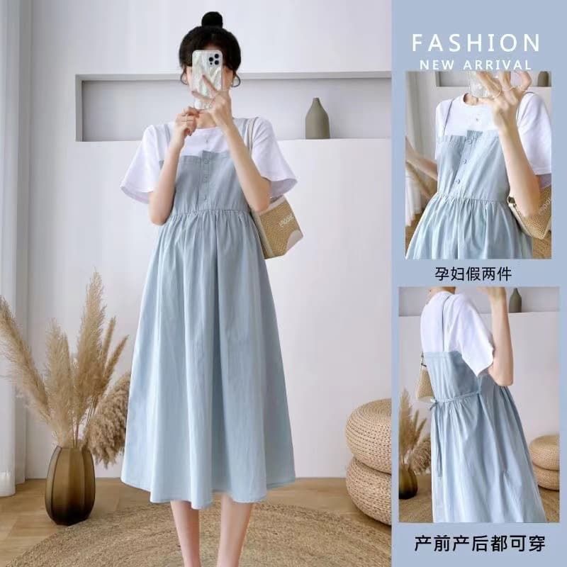 Maternity Dress Summer 2025 Plus Size Slimming Midi Skirt Belly Covering Patchwork Loose Maternity Dress Elegant Commute Style