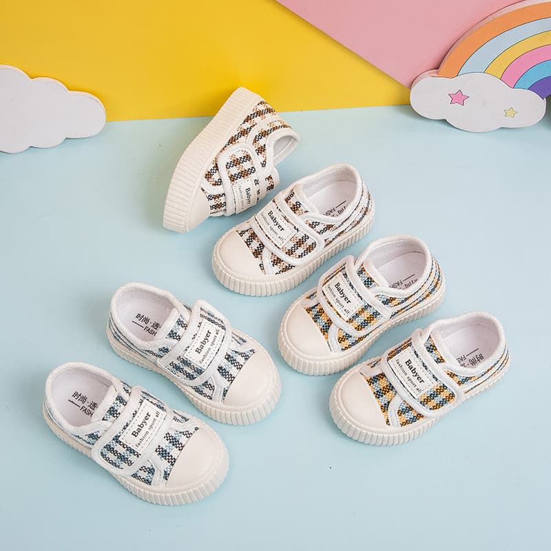 Baby Canvas Shoes 2024 Spring New Children's Casual Shoes Hook-and-Loop Korean Style Checkered Girls' Cloth Shoes Breathable Trendy