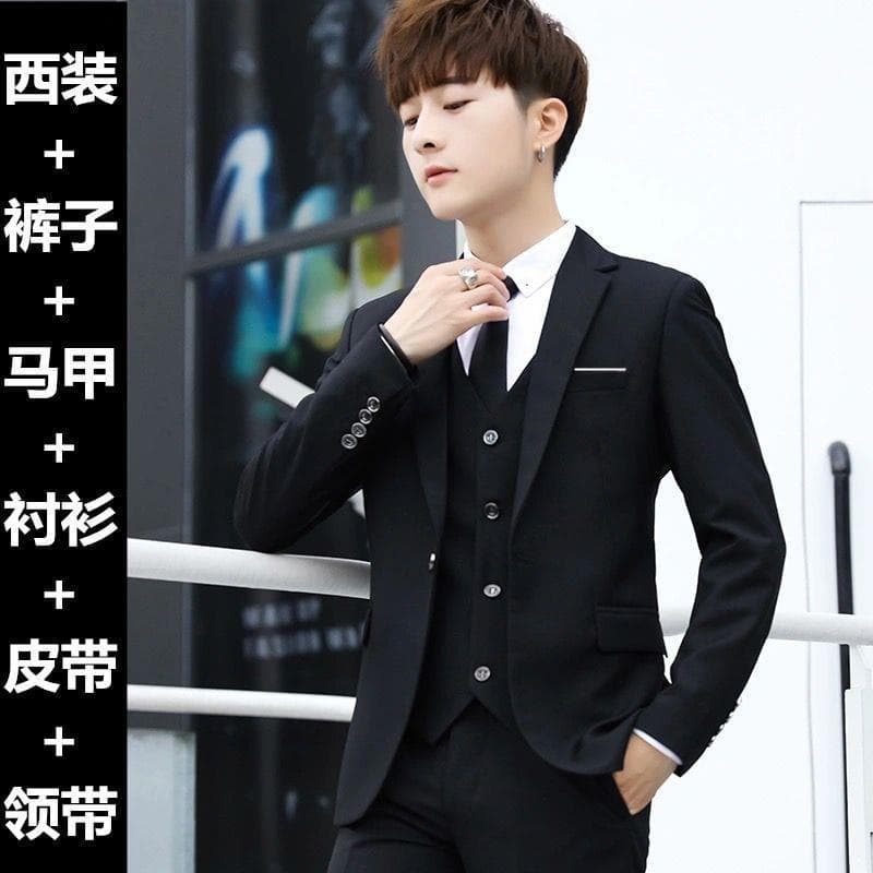 Men's Tailored Suit Set Korean Style Best Man Formal Wear Teenage Student Slim Fit Wedding Casual Black Professional Clothing