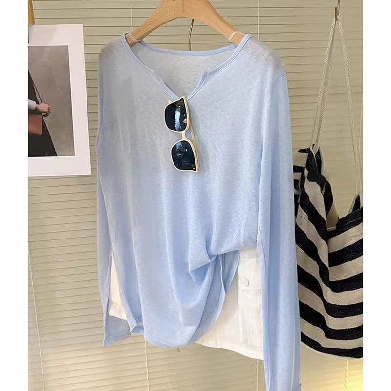 Thin V-Neck Loose Fit Slimming Snowflake Cotton Solid Long-Sleeve T-Shirt Sun Protection Cover-Up Top for Women Summer