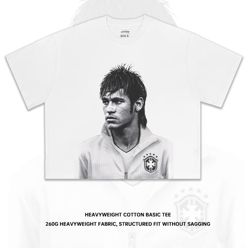 Cross-border star retro short-sleeved Neymar Neymar print dropped shoulders small neckline short wide version same style for men and women