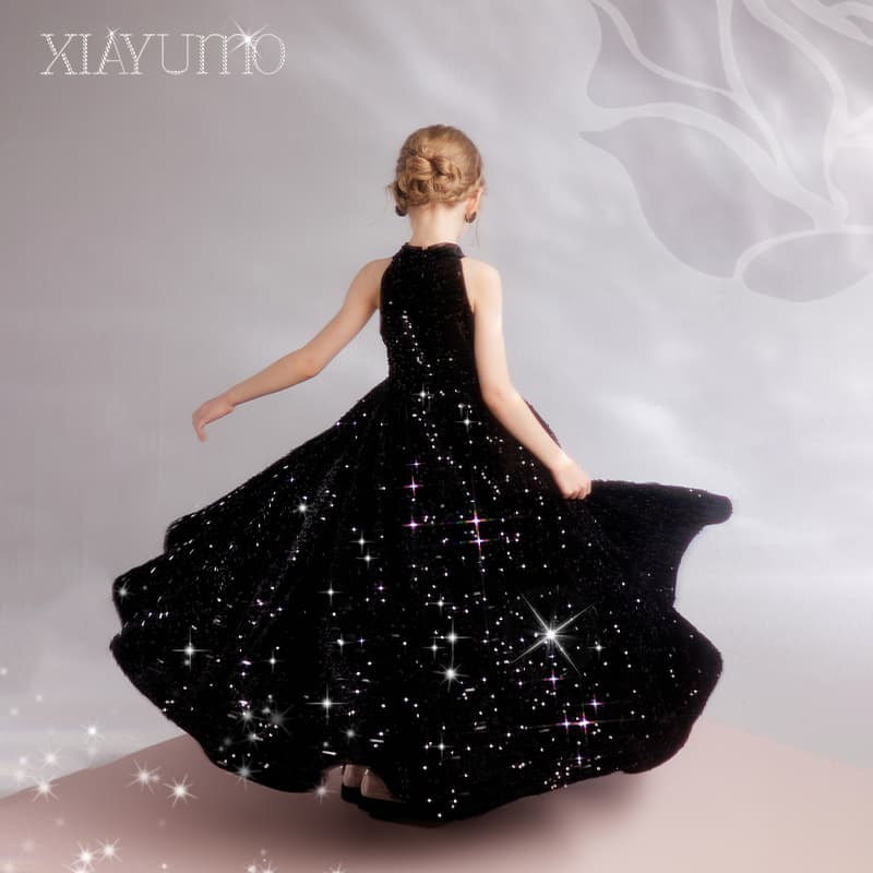 Xiayumo [Galaxy] Girls' Dress Hepburn Style Children's Princess Gown Piano Performance Outfit Host Light Luxury