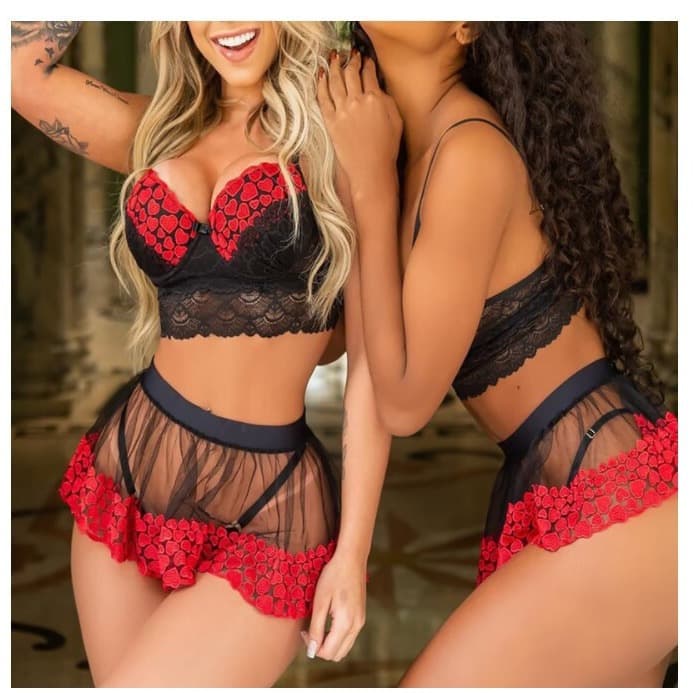 Cross-Border Amazon Lace Hollow-Out Sexy Lingerie Set, See-Through Push-Up Bra and Short Skirt Two-Piece Set