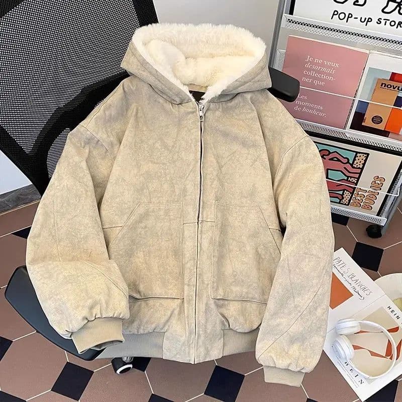 Women's Winter Cotton Coat Jacket, Thickened Fleece-Lined, Mountain Eagle Style, Trendy American Student Hooded Jacket