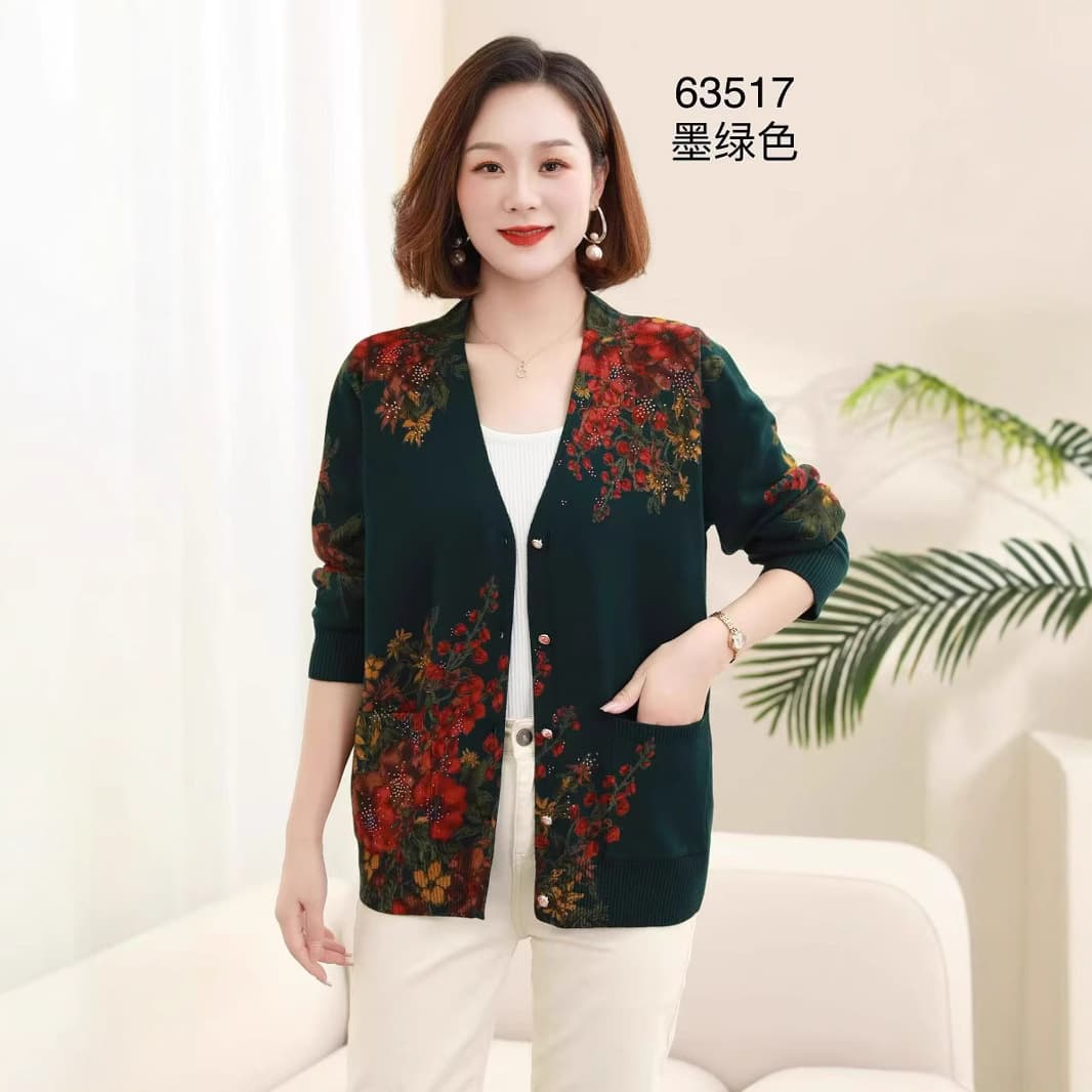 2025 Spring New Style Thin Knitted Digital Print Knitted Cardigan for Middle-Aged and Elderly Women, Fashionable and Versatile