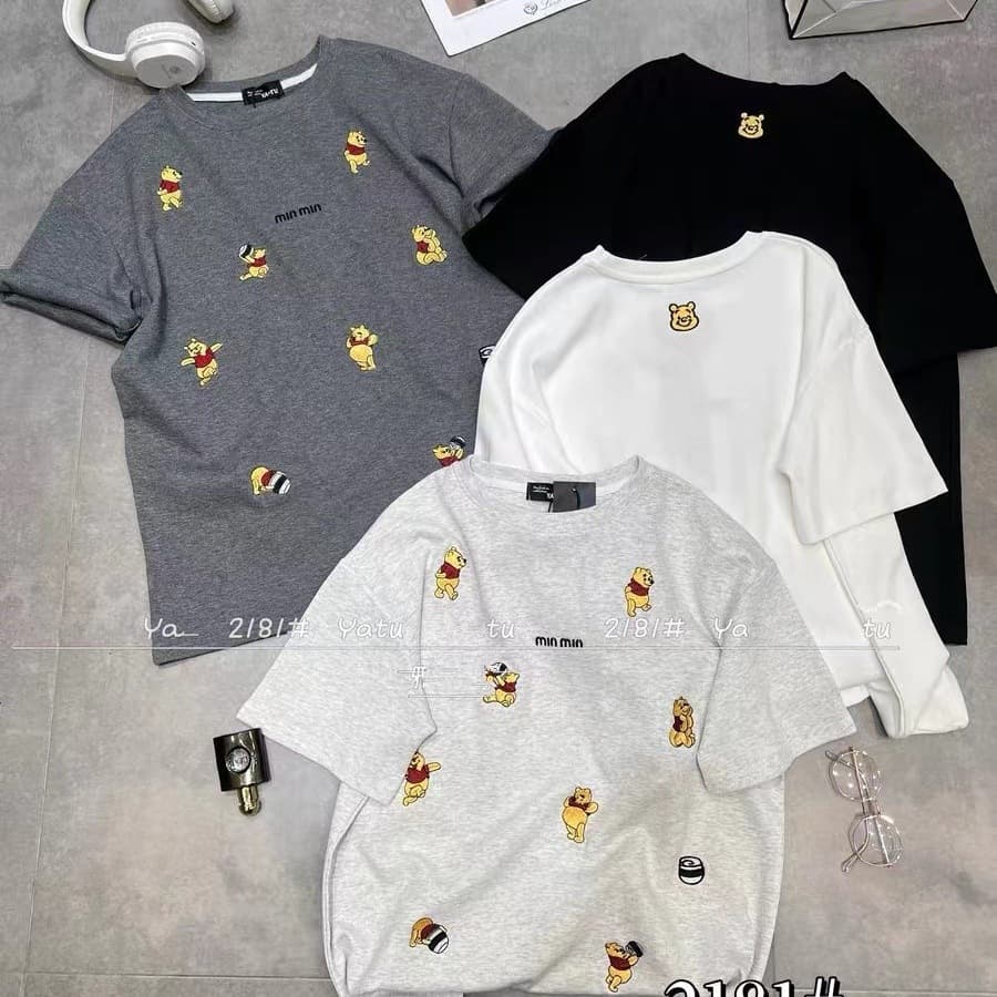 Pure cotton good quality Winnie the Pooh short-sleeved T-shirt top with embroidered back strip