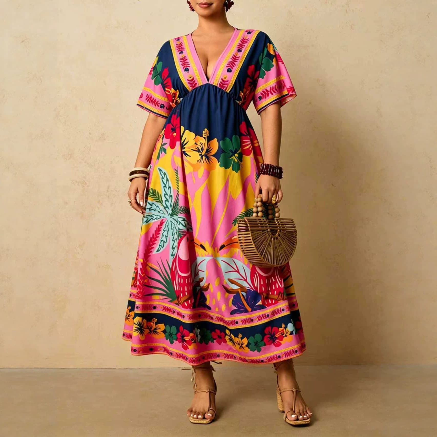 Cross-border foreign trade European and American large size 2026 new summer style elegant V-neck printed mid-length dress