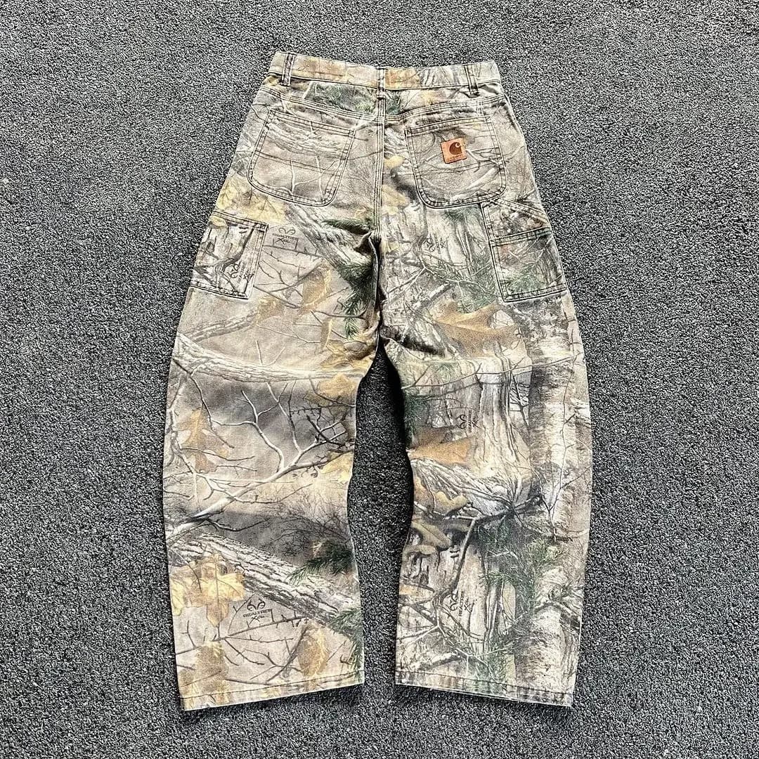 2025 summer wash new camo pants branch pattern men's American distressed wide-leg loose straight-leg jeans.